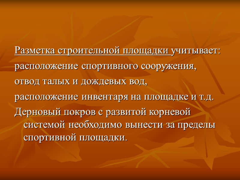 Разметка строительной площадки учитывает:  расположение спортивного сооружения,  отвод талых и дождевых вод,